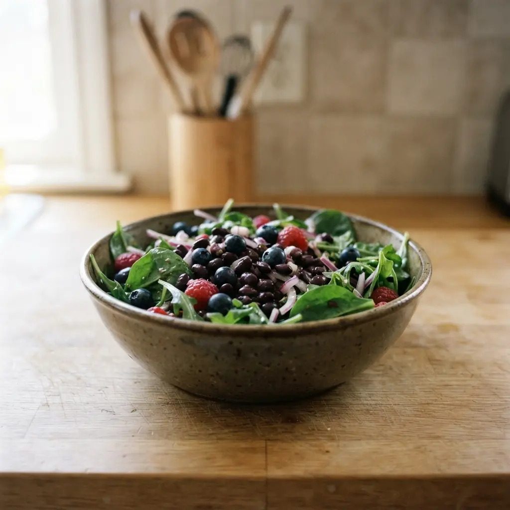 A colorful bowl of high-fiber foods like berries, legumes, and leafy greens.