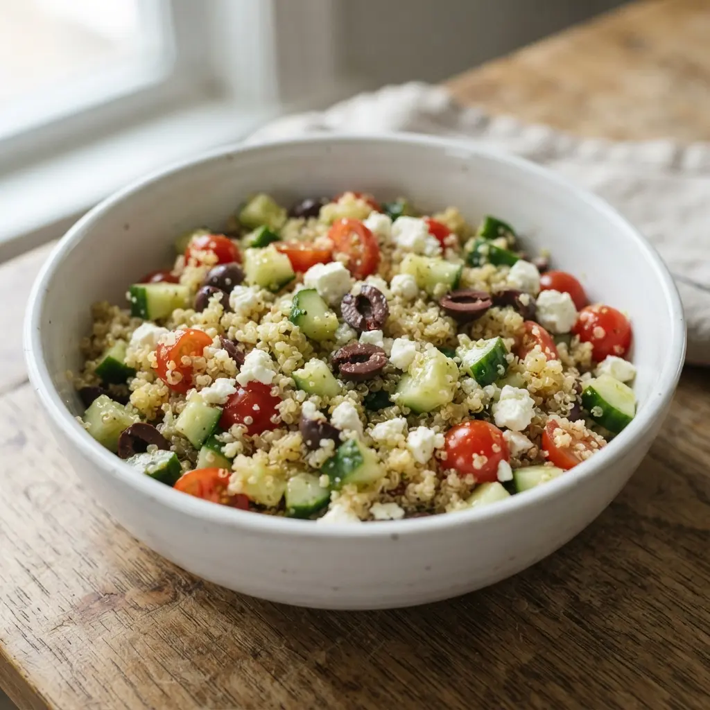 A Mediterranean salad bowl filled with fluffy quinoa, diced cucumbers, cherry tomatoes, olives, and crumbled feta cheese.