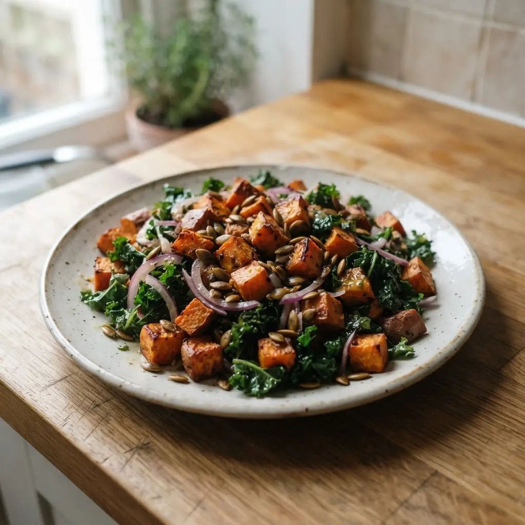 A hearty salad featuring roasted sweet potato cubes, chopped kale, red onion, and pumpkin seeds in a large bowl.