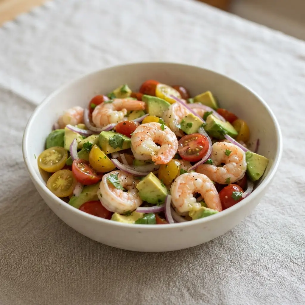 A bright salad with cooked shrimp, sliced avocado, cherry tomatoes, and red onion tossed in a zesty lime dressing.