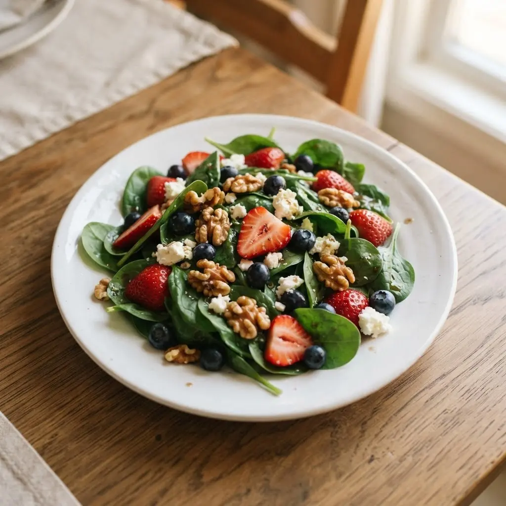 A vibrant spinach salad topped with fresh strawberries, blueberries, walnuts, and crumbled goat cheese.