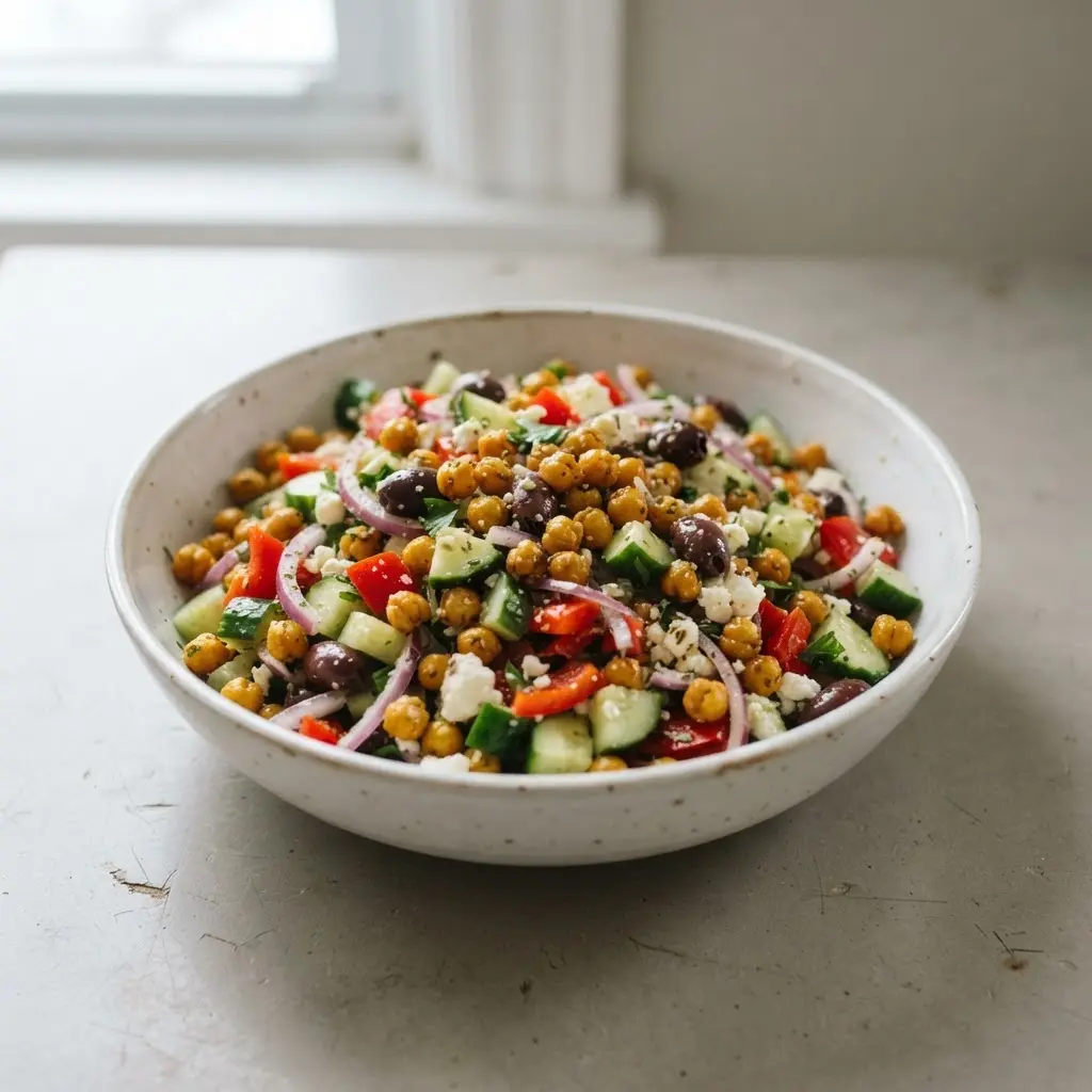 A Mediterranean Greek salad bowl with crispy roasted chickpeas, cucumber, bell peppers, red onion, and kalamata olives.