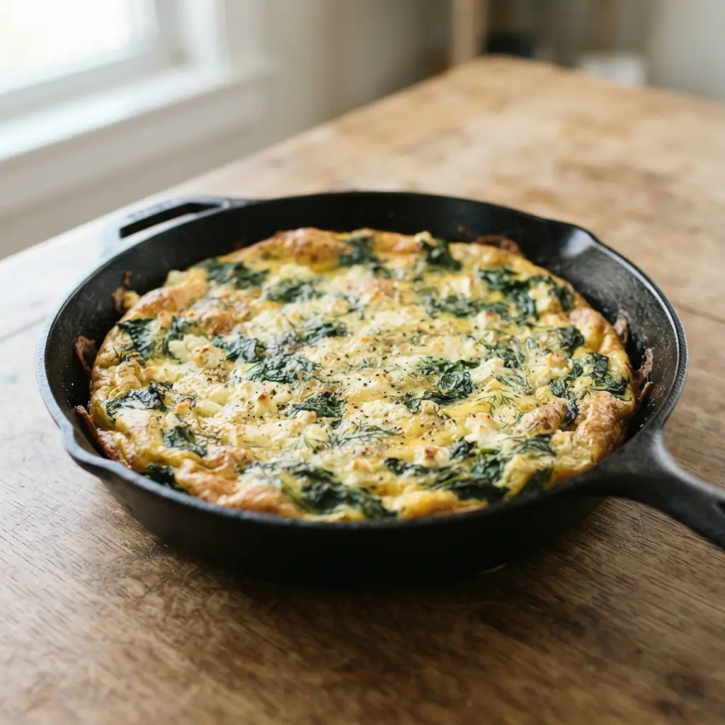 A golden brown crustless frittata filled with wilted spinach and crumbled feta cheese, served in a cast iron skillet.