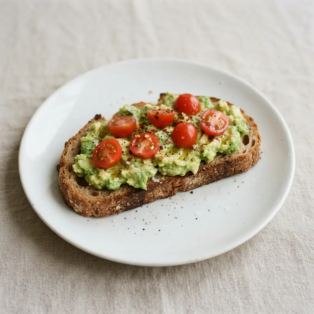 A rustic slice of whole wheat bread topped with chunky smashed avocado, red pepper flakes, and lemon juice.