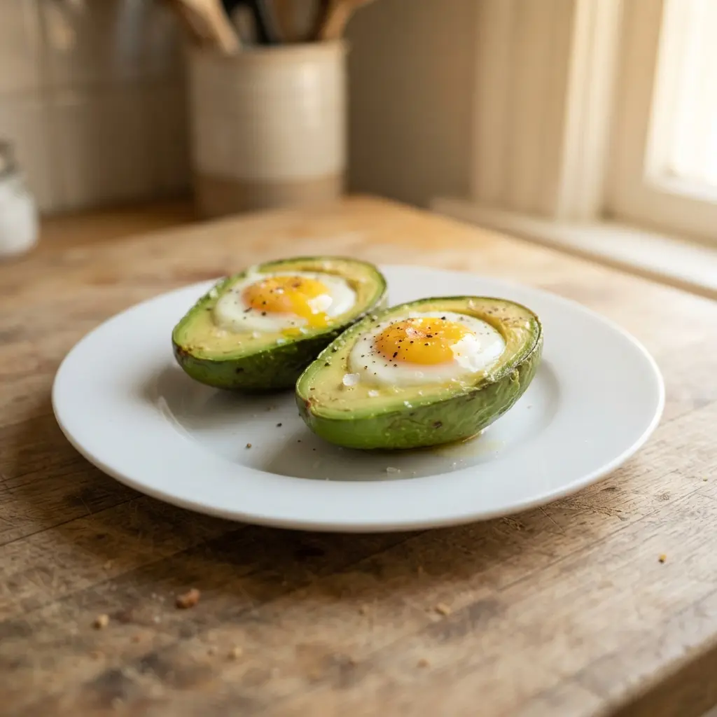 Two avocado halves with the pits removed, each holding a baked egg and sprinkled with chives.