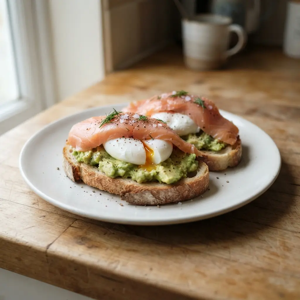 Perfectly poached eggs on a bed of smoked salmon and creamy avocado slices, drizzled with fresh dill.