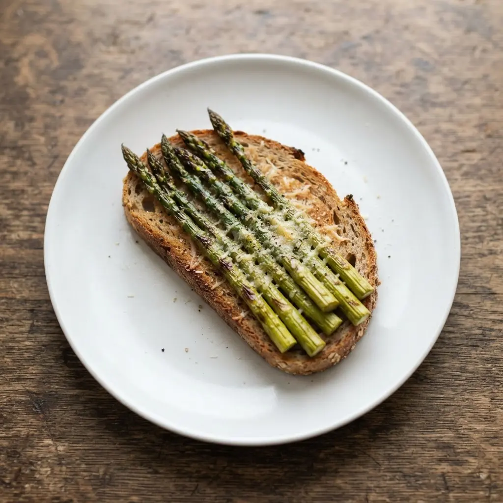 A slice of toasted whole grain bread topped with tender roasted asparagus spears and a sprinkle of black pepper.