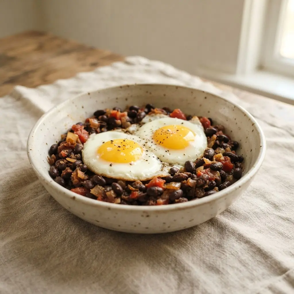 A colorful bowl with seasoned black beans, a sunny-side-up egg, diced tomatoes, and sliced avocado for a healthy brunch.