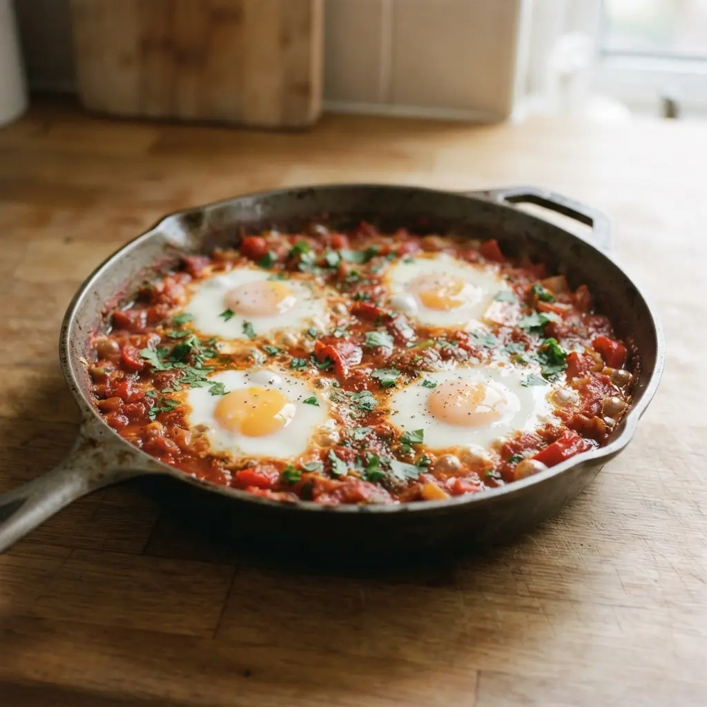 Eggs poached in a vibrant, simmering tomato and pepper sauce with fresh parsley in a skillet.