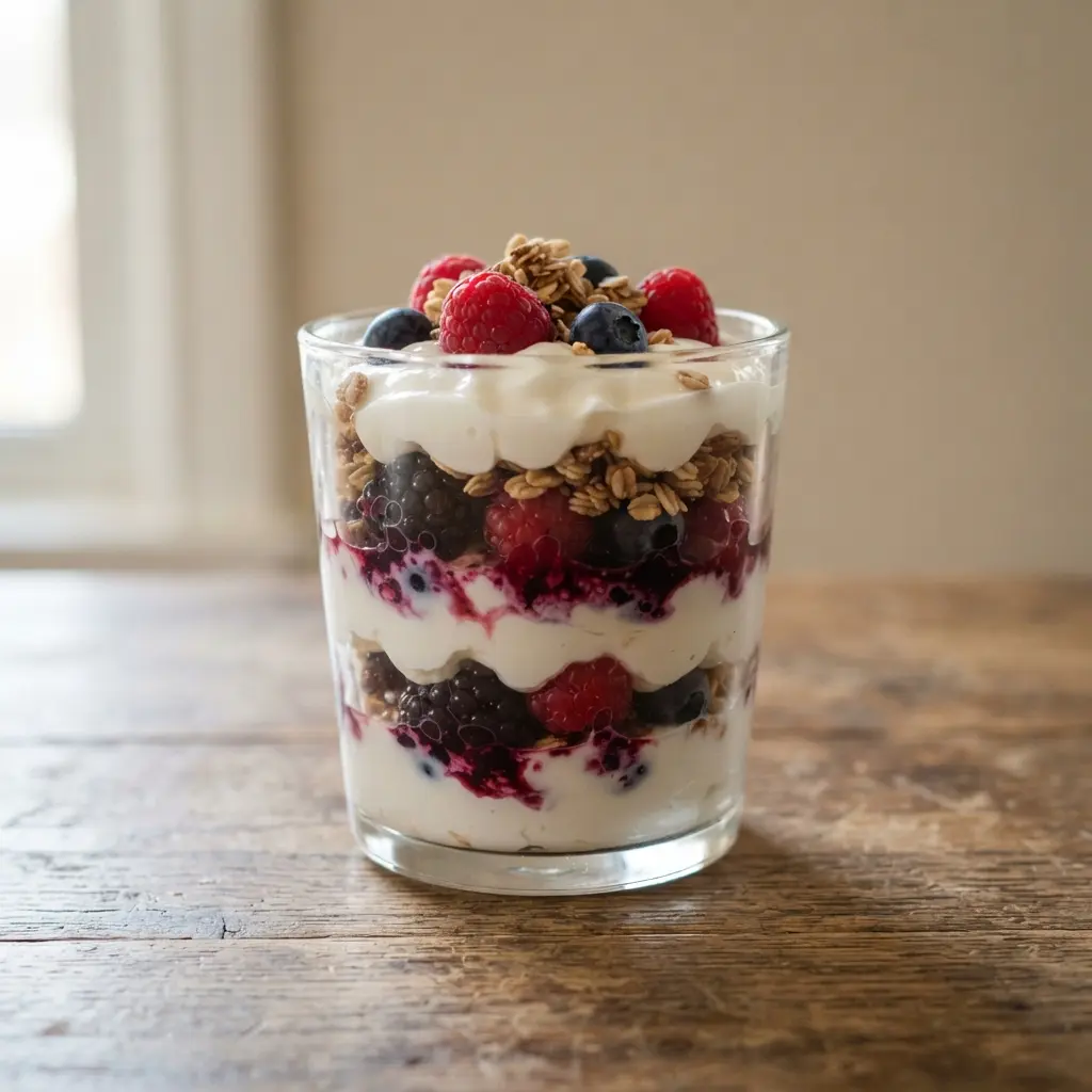 A clear glass jar showing layers of thick Greek yogurt, mixed fresh berries, and crunchy granola.