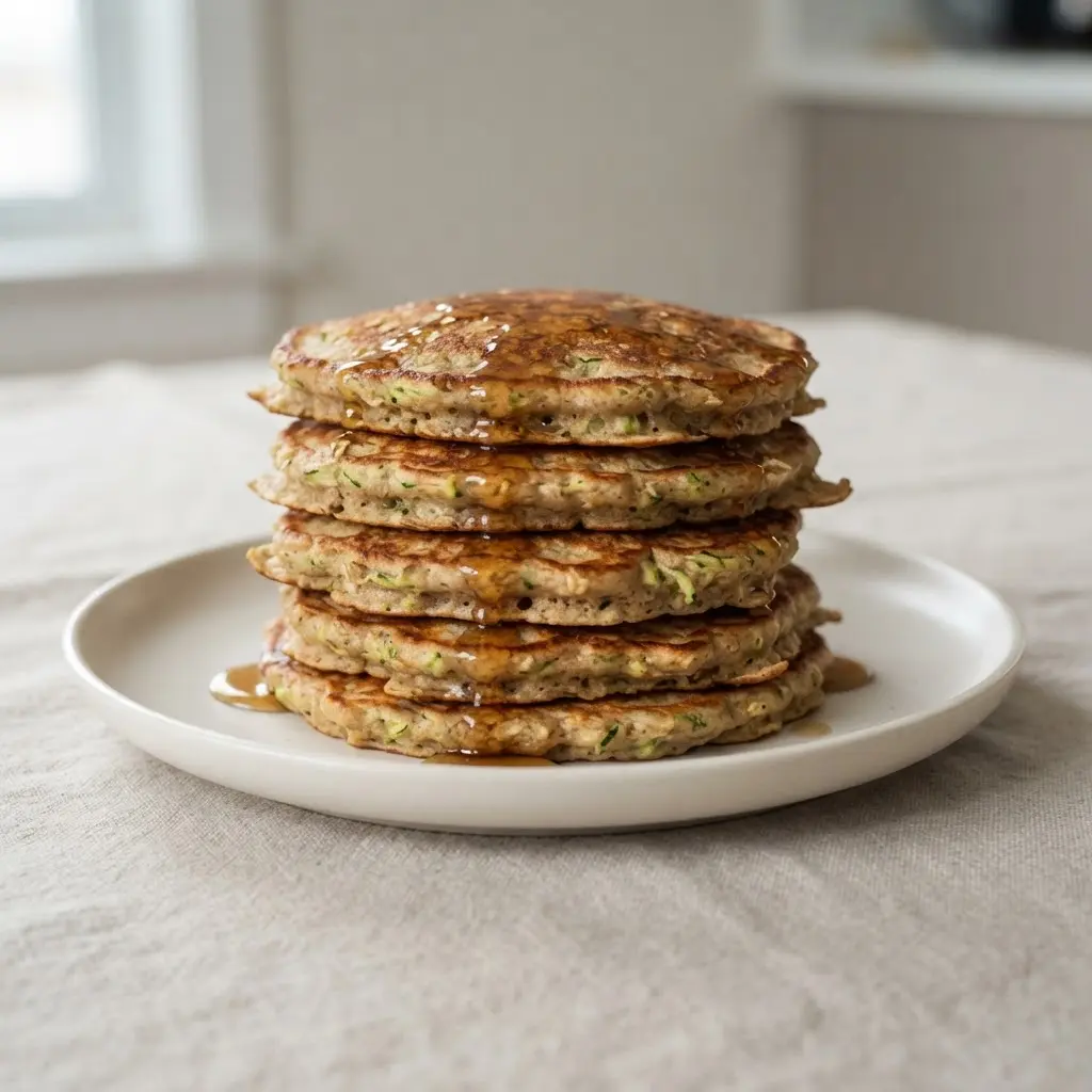 A tall stack of light green pancakes made with grated zucchini and oat flour, drizzled with maple syrup.
