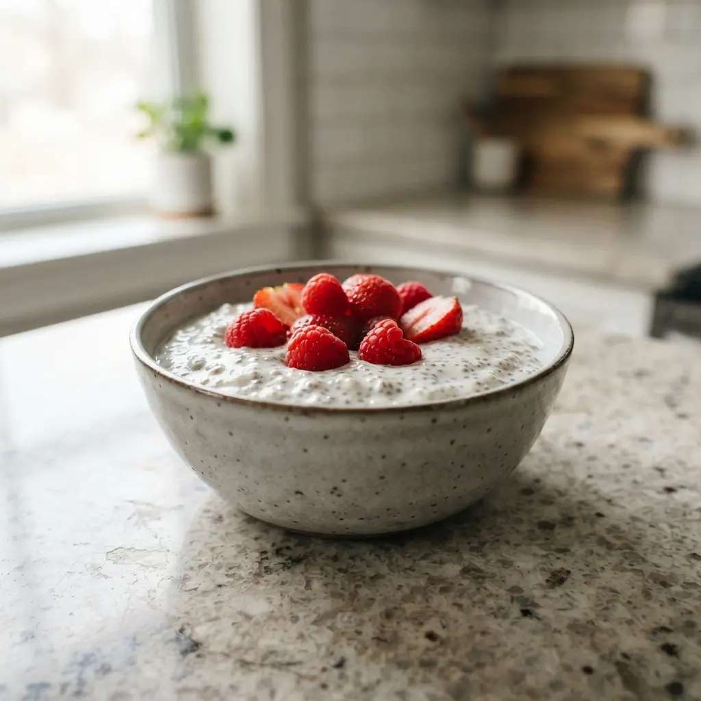 A thick chia seed pudding in a bowl, topped with sliced strawberries and a sprinkle of coconut flakes.