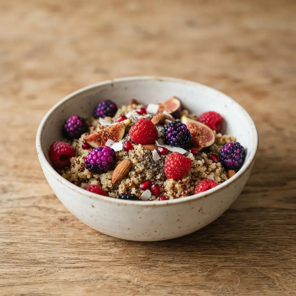 A bowl of fluffy quinoa topped with pomegranate seeds, sliced kiwi, and blueberries for a healthy morning meal.