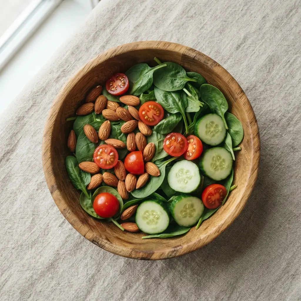 A wooden bowl filled with a variety of fresh vegetables, fruits, and nuts on a rustic table.