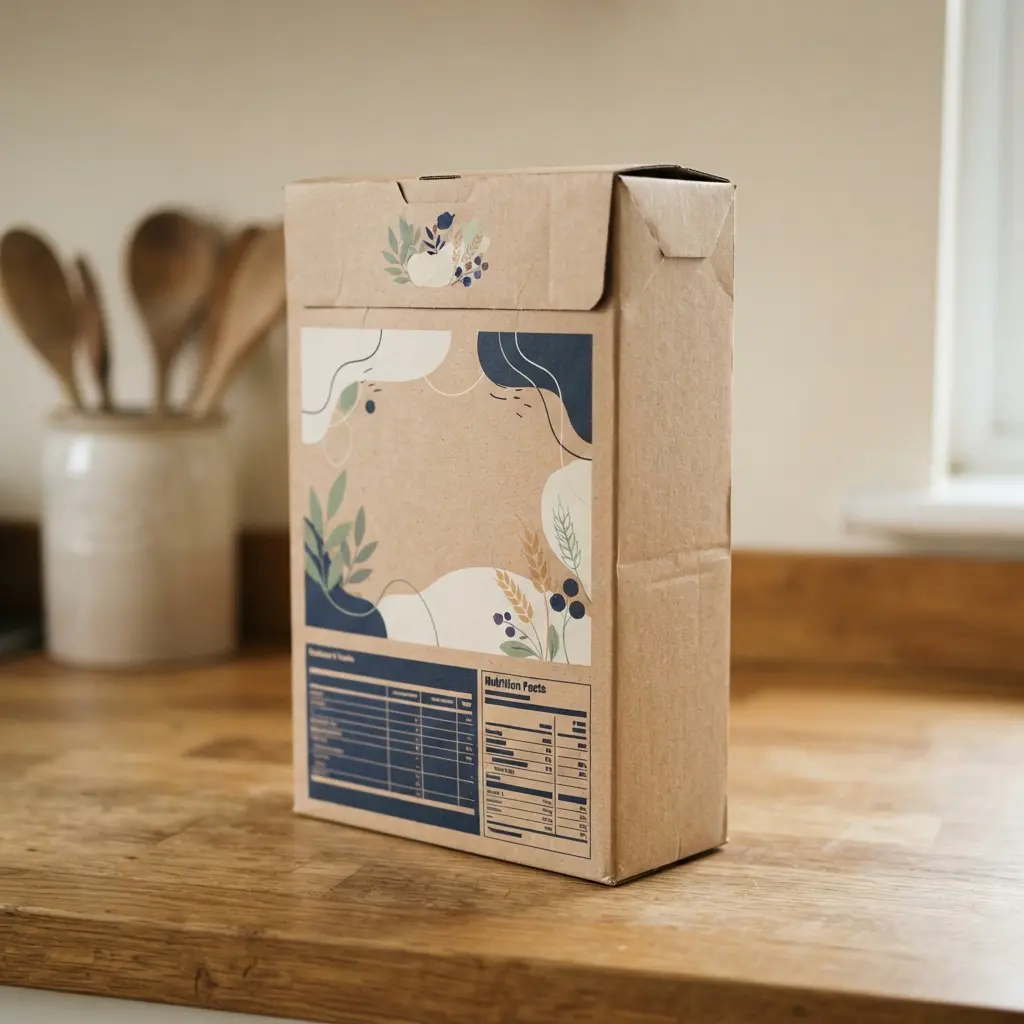 A hand holding a cereal box, with a finger pointing to the nutrition facts label on the side.