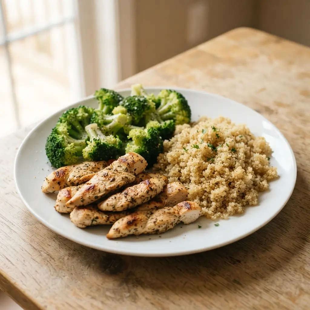 A dinner plate divided into sections with grilled chicken, quinoa, and roasted broccoli.