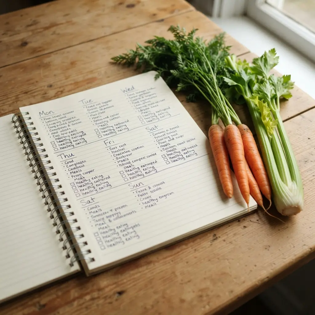 A handwritten weekly meal plan next to fresh vegetables and a glass jar on a kitchen counter.