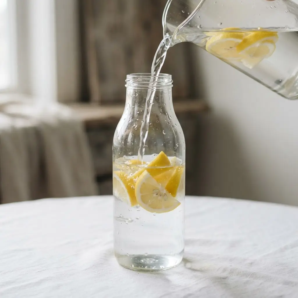 A hand pouring water from a pitcher into a glass bottle containing slices of lemon and cucumber.