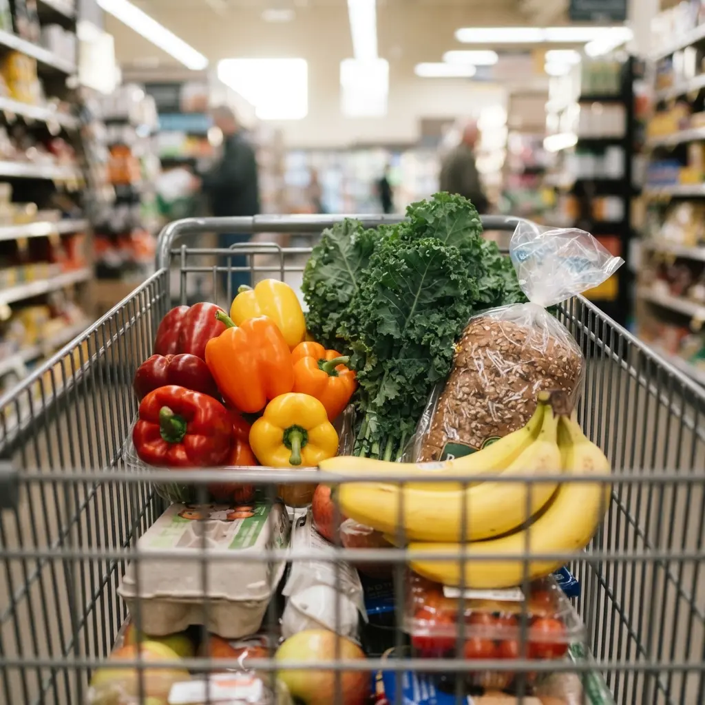 A grocery cart filled with colorful fruits, vegetables, and whole grain bread in a store aisle.