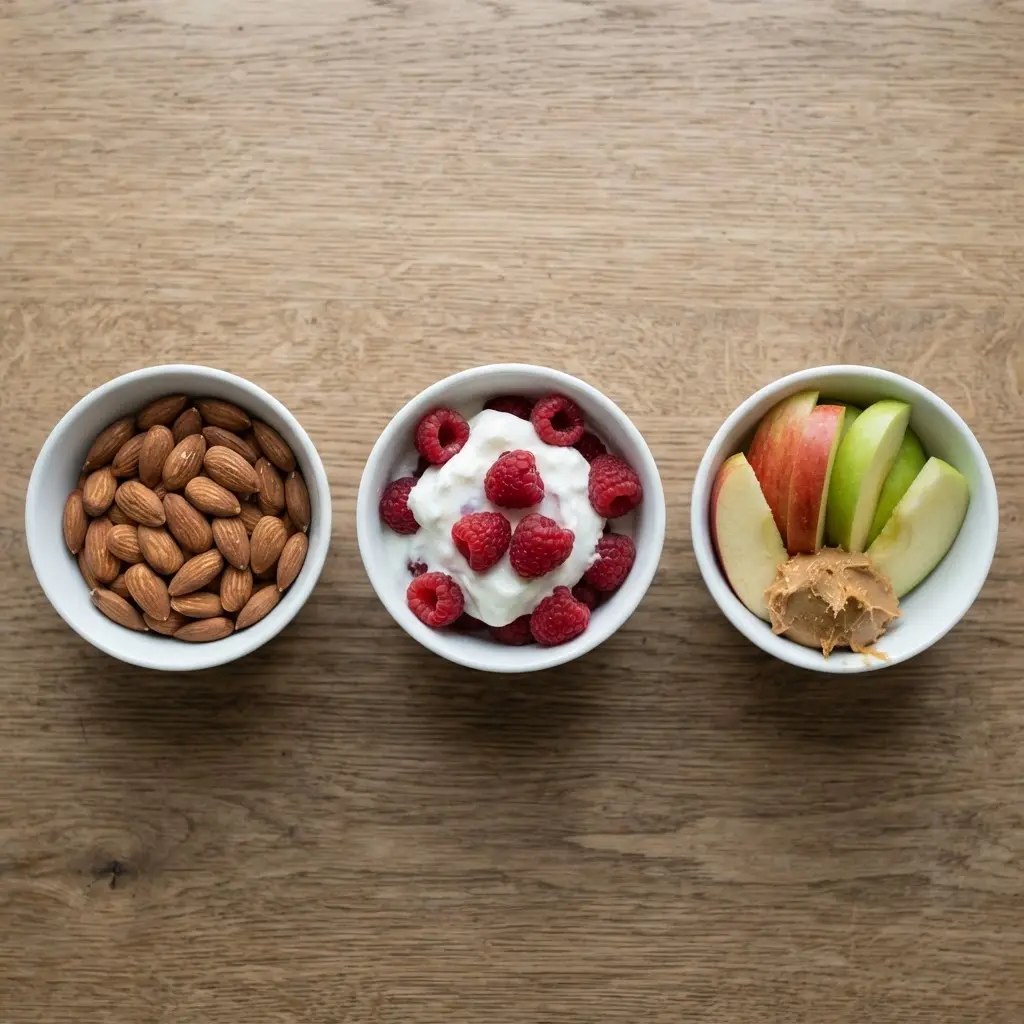 Three small bowls containing mixed nuts, Greek yogurt with berries, and apple slices with almond butter.