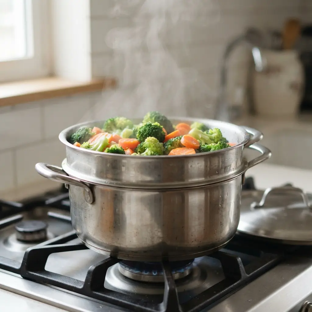 A pot with a steamer basket full of vibrant green broccoli and carrots on a gas stove.
