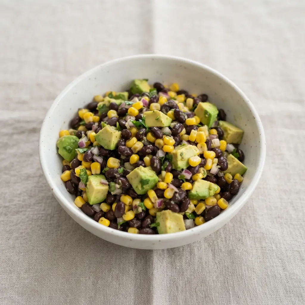 A zesty black bean and corn salad with creamy avocado and fresh cilantro.