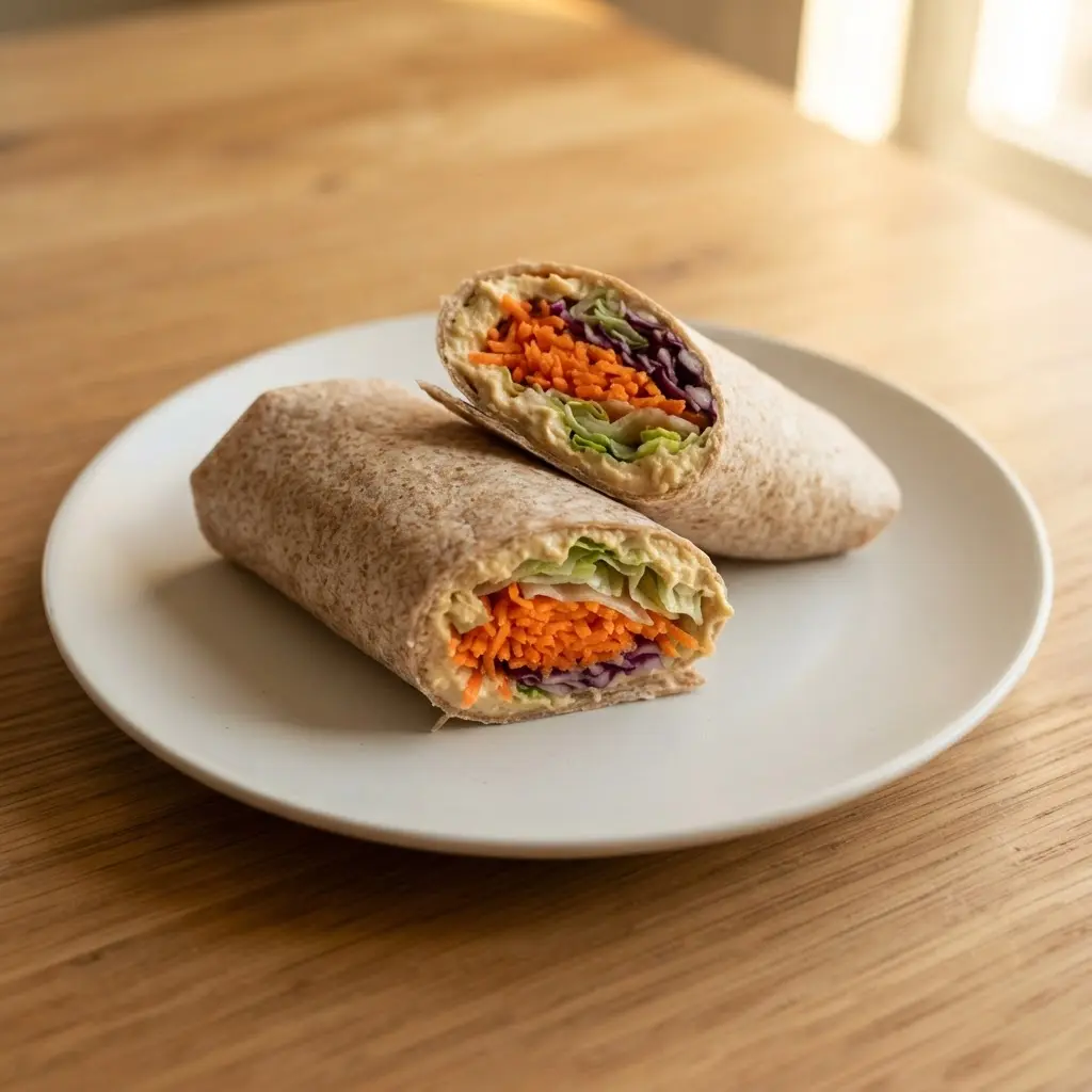 A whole wheat wrap stuffed with hummus and a rainbow of fresh vegetables.