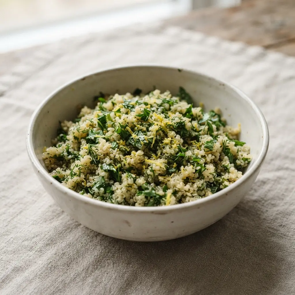 A protein-packed quinoa bowl with fresh herbs and a bright lemon dressing.