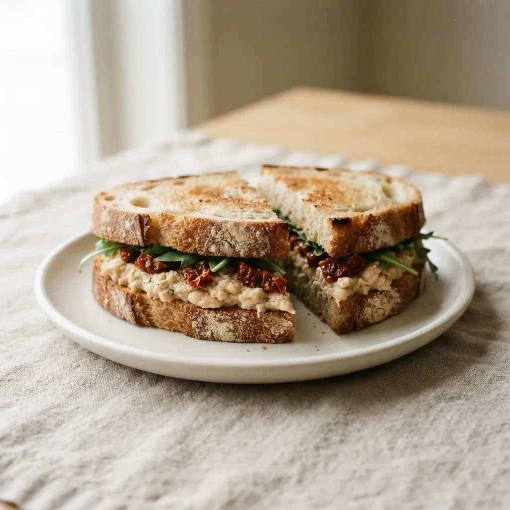 A satisfying sandwich with a flavorful white bean and sun-dried tomato spread.
