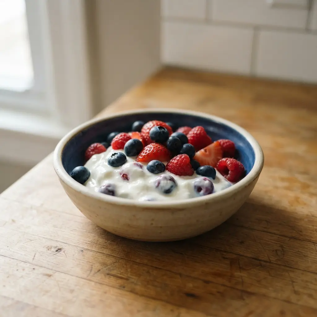 A simple, wholesome snack of Greek yogurt with fresh blueberries and strawberries.