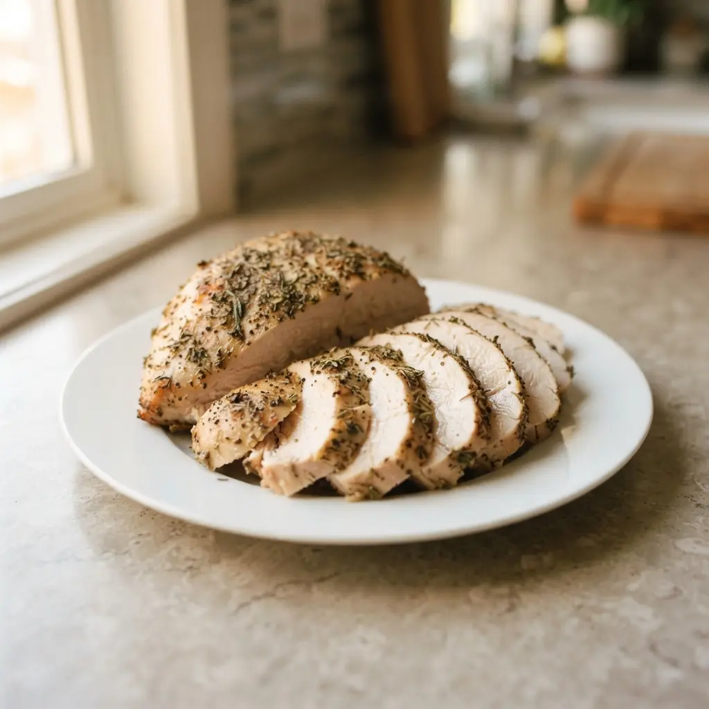 A juicy, golden-brown turkey breast coated with fresh rosemary and thyme.