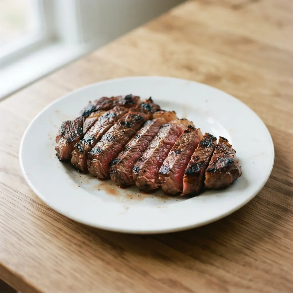 Cooked grass-fed sirloin steak on a plate with grill marks.