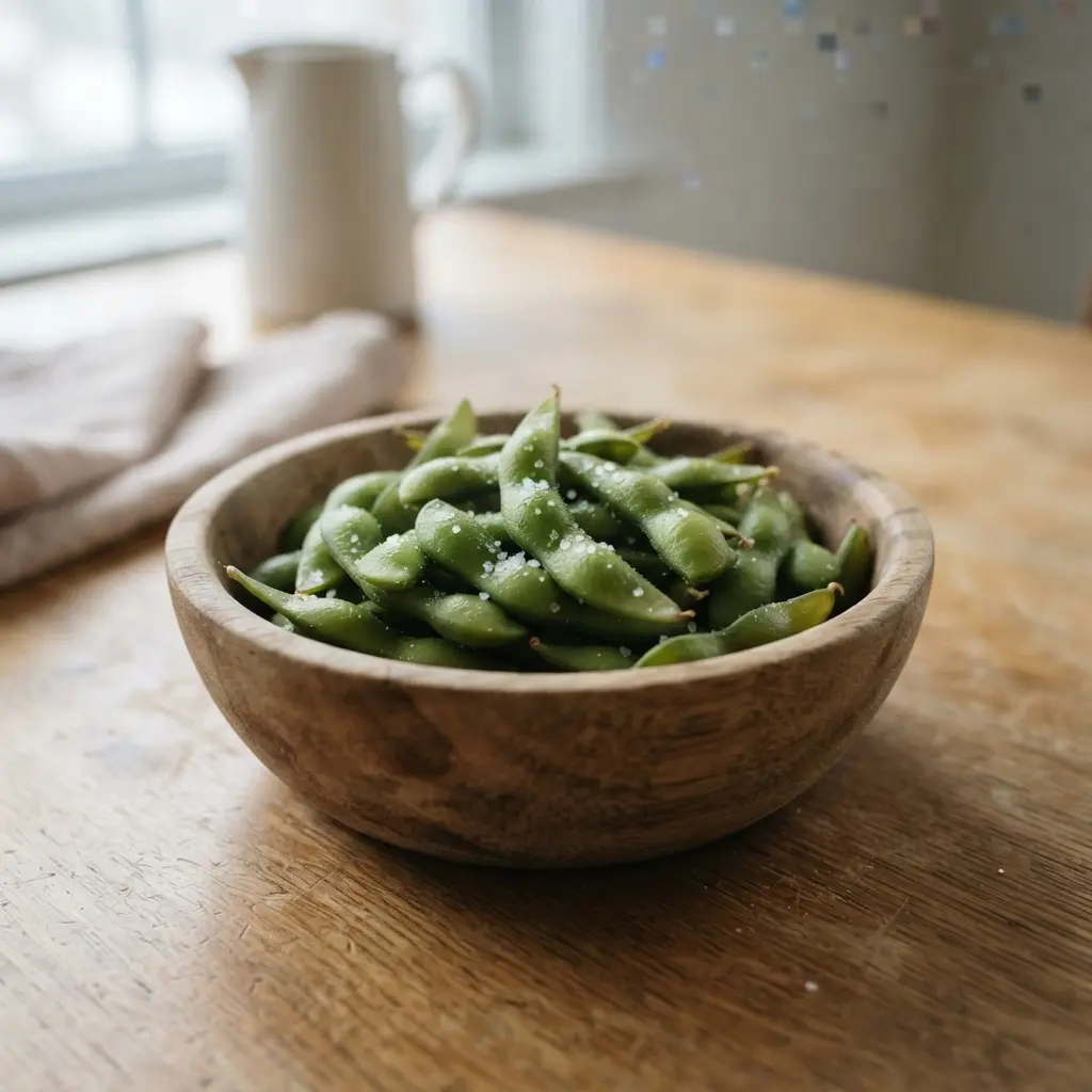 Bright green steamed edamame in a wooden bowl.