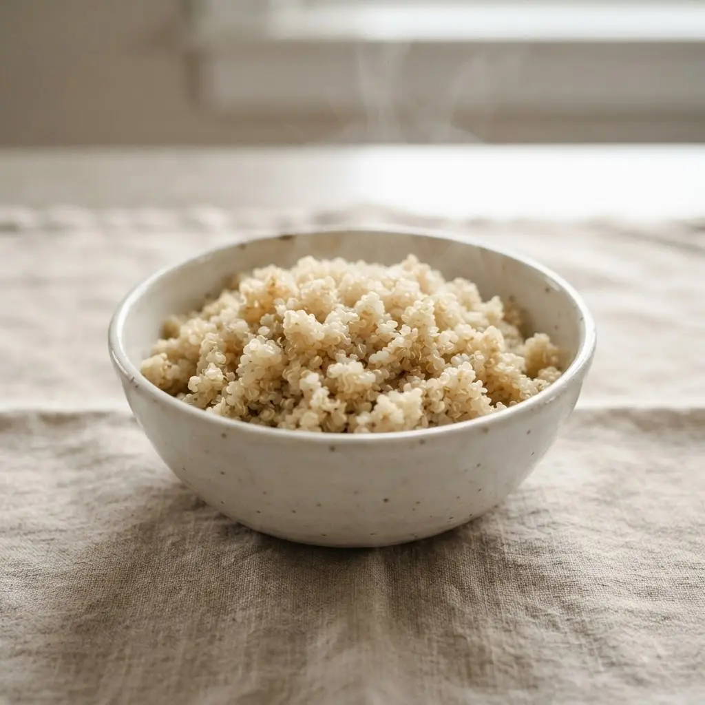 A complete protein source, cooked quinoa in a bowl.
