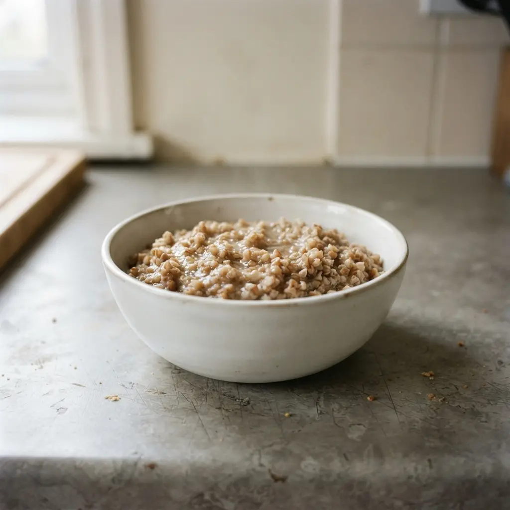Buckwheat groats and a bowl of warm buckwheat porridge.