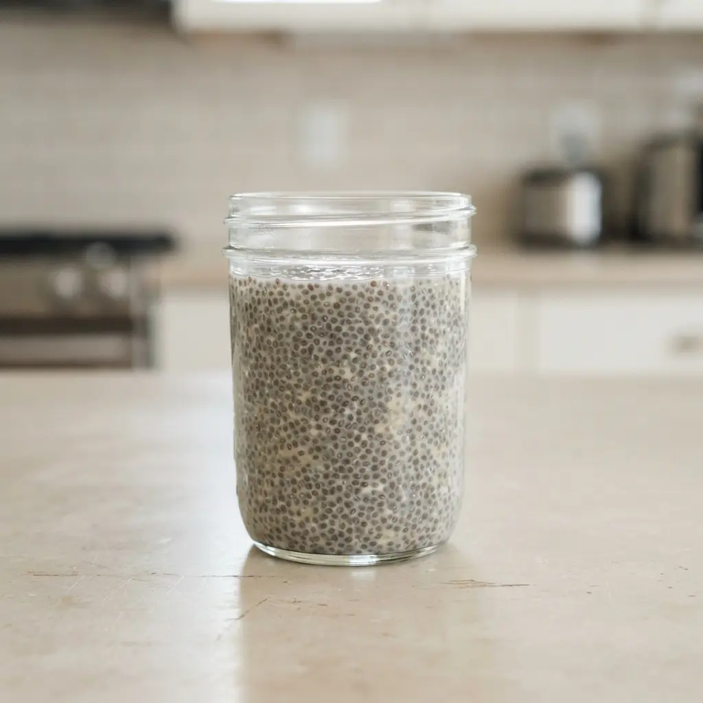 Chia seeds forming a gel in a clear jar.