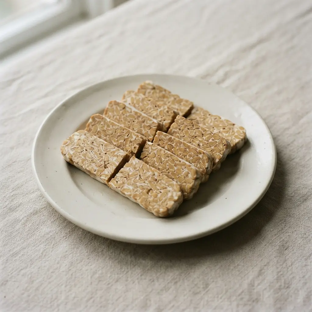 A fermented soy tempeh block with visible whole beans.