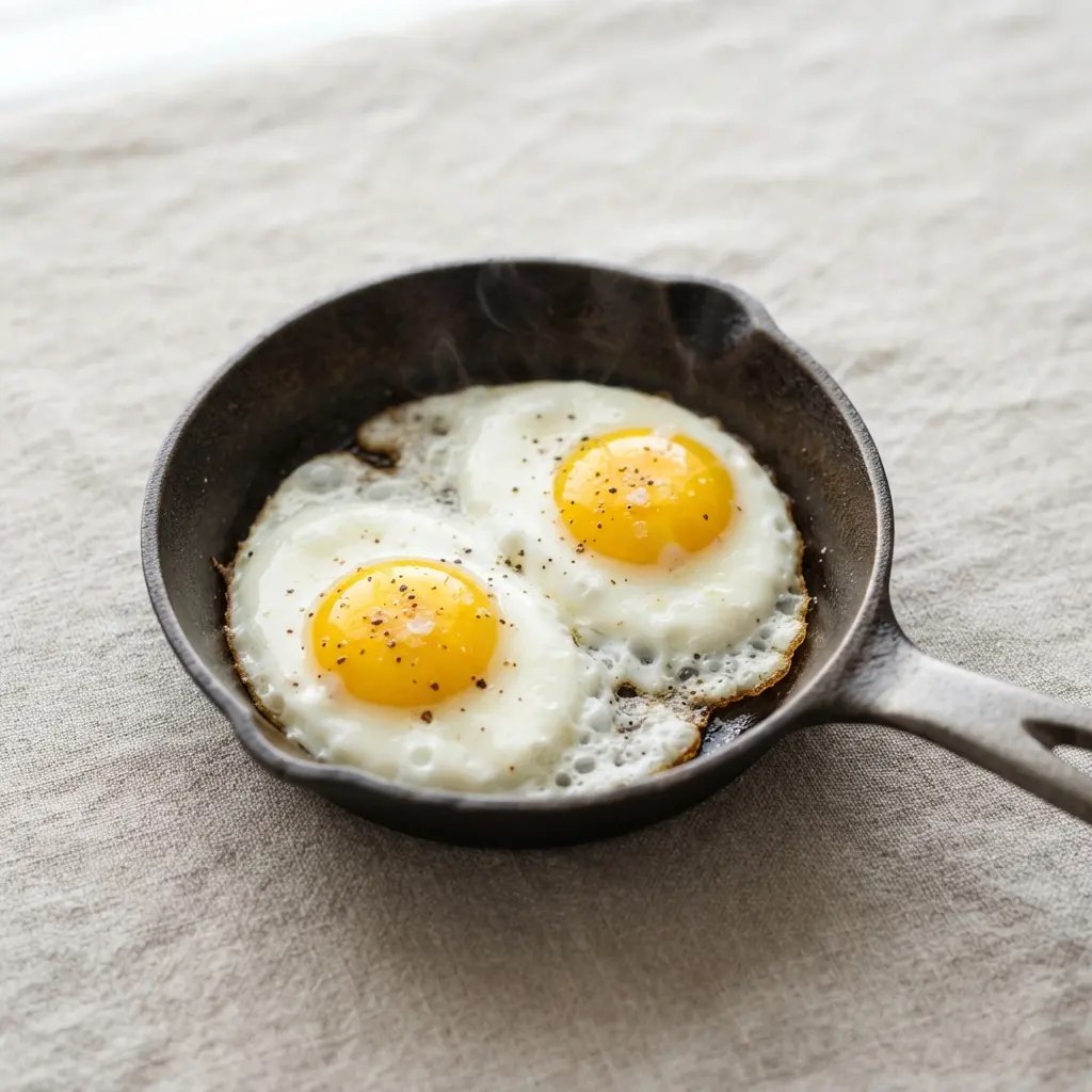 Pasture-raised eggs cooking in a pan with runny yolks.