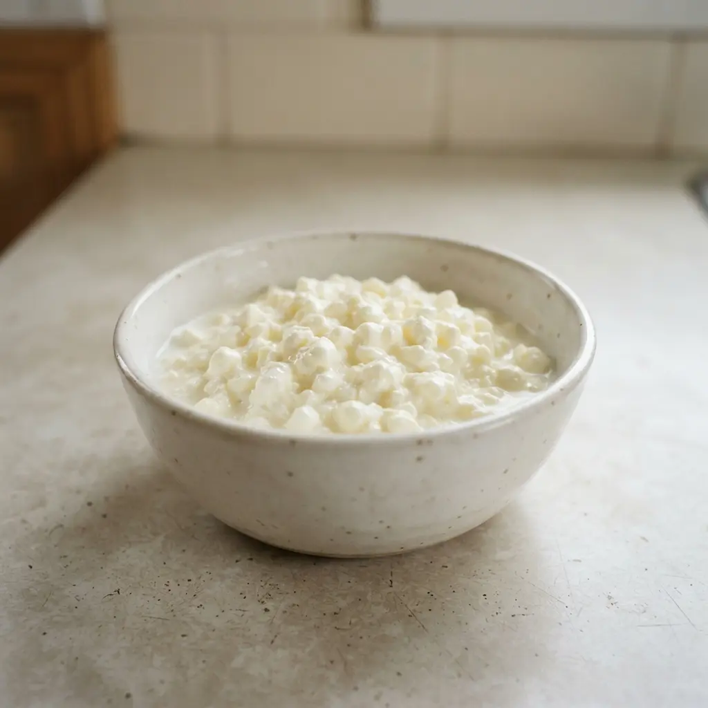 Cottage cheese in a bowl with fresh peach slices.