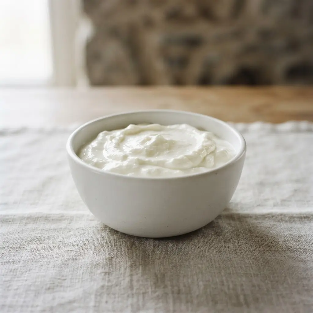 Thick, creamy Icelandic skyr in a white container.
