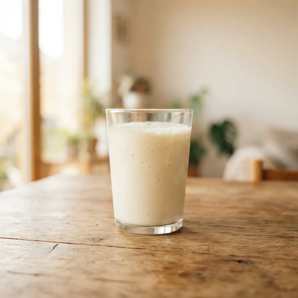 Casein protein powder mixed into a glass of milk.