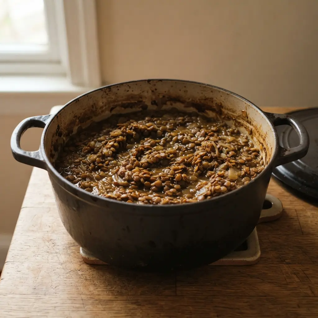 Cooked brown lentils in a pot, a plant-based protein source.