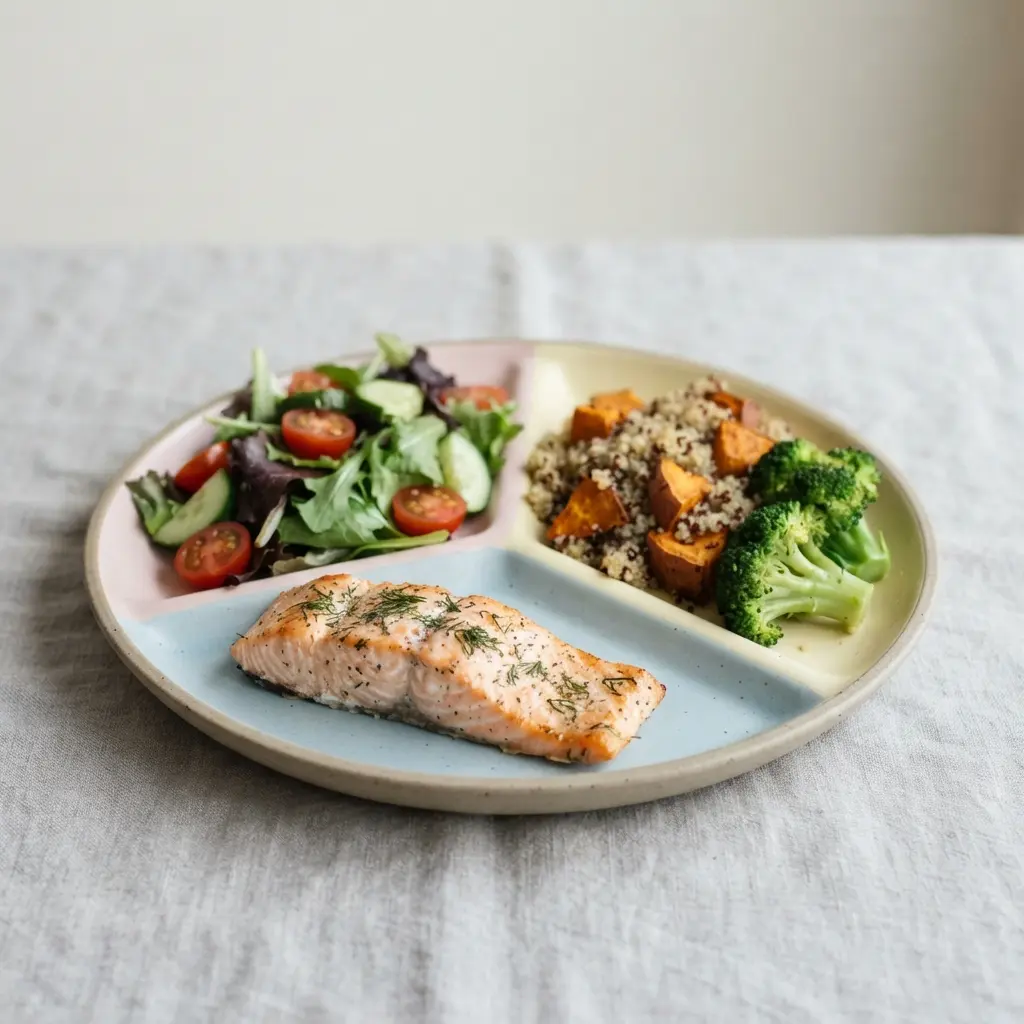 A balanced plate demonstrating flexible portion sizes for a satisfying meal.