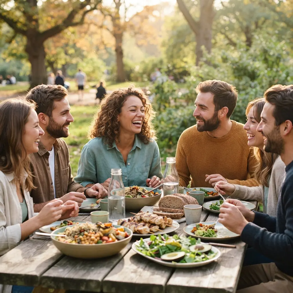 People enjoying a social gathering with a focus on balanced, communal eating.