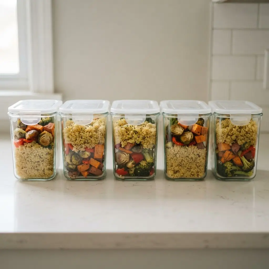 A set of organized meal prep containers with a variety of healthy foods.