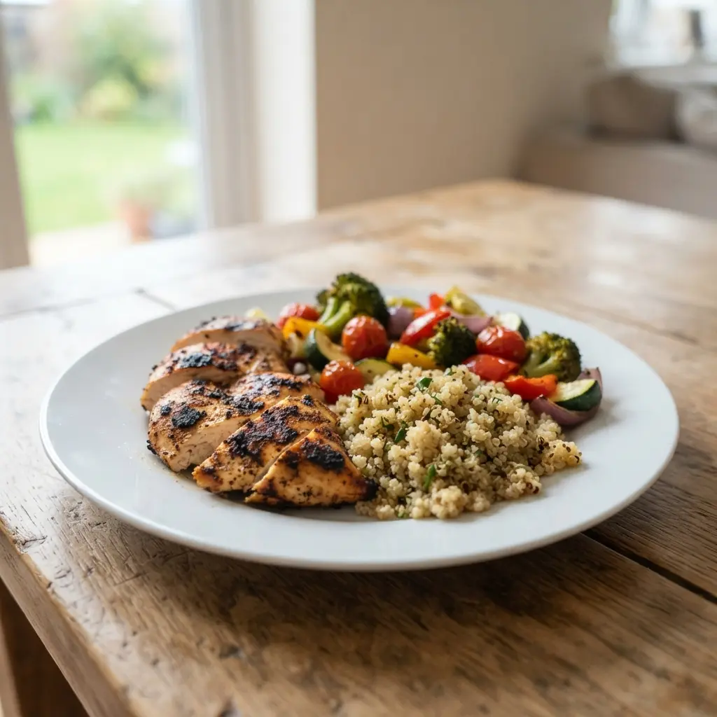 A meal featuring lean protein and whole grains to support healthy weight loss.