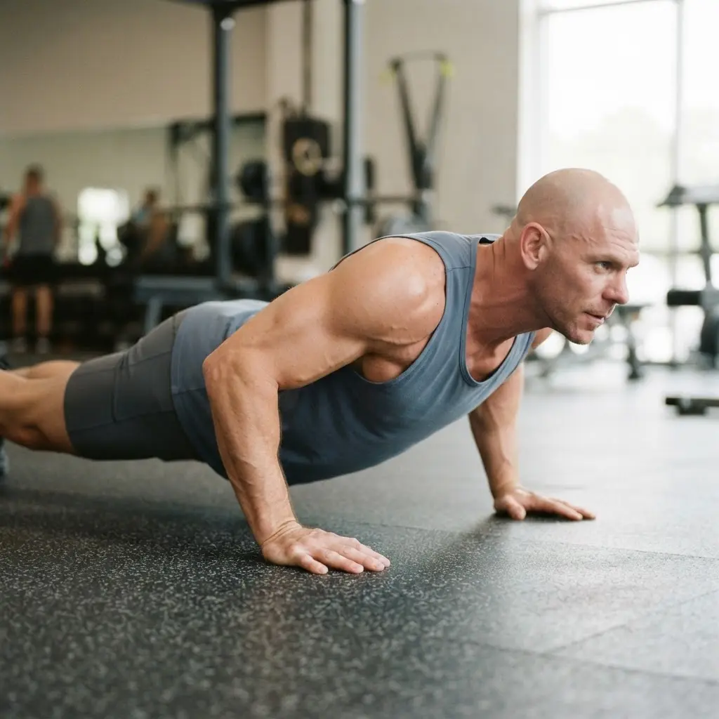 A man performing high repetition pushups on a gym mat to build muscular endurance and upper body strength.