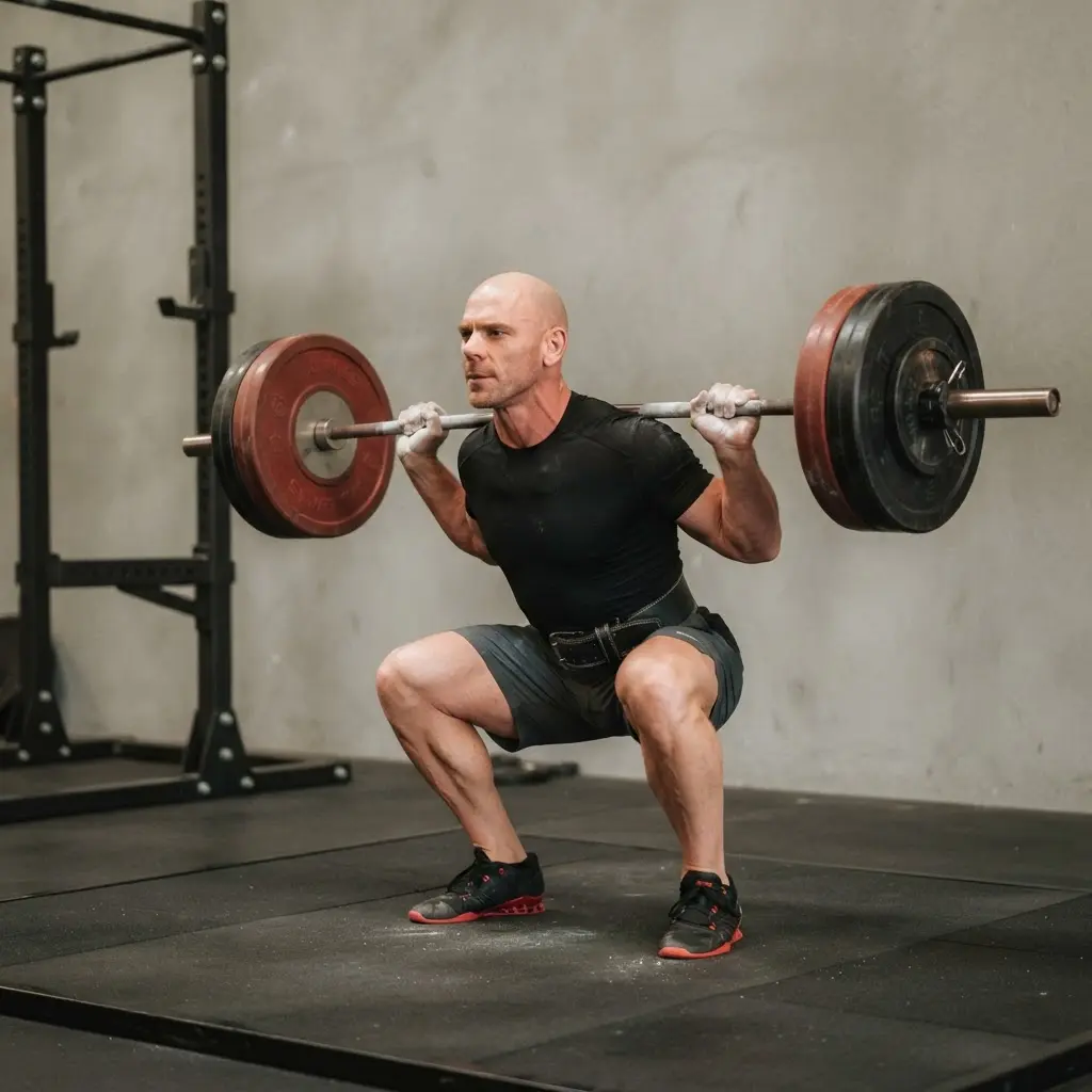 A person performing heavy barbell back squats in a gym setting to develop lower body strength and muscle mass.
