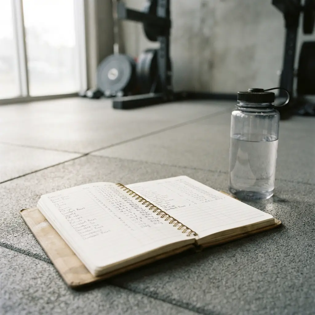 A person writing their daily fitness goals and tracking their workout progress in a notebook to maintain discipline.
