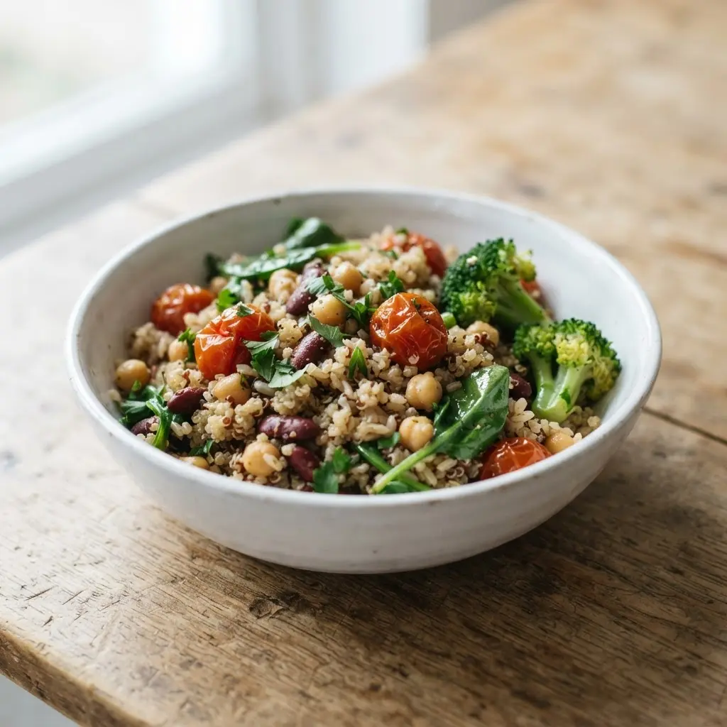 Fresh tomatoes, leafy greens, bell peppers, and beans arranged in a vibrant display, representing the plant-based core of the Mediterranean diet.